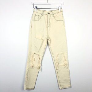 NWOT Unif Sz 25 Cream Off White High Waist Distressed Jeans Tapered Straight Leg
